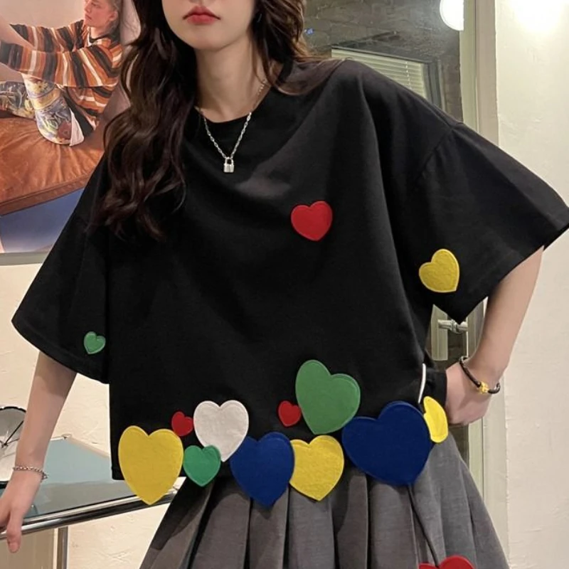 Irregular T-shirts Women Clothing Heart Design Aesthetic Summer Streetwear College Baggy Vintage Kawaii Daily Basics Minority