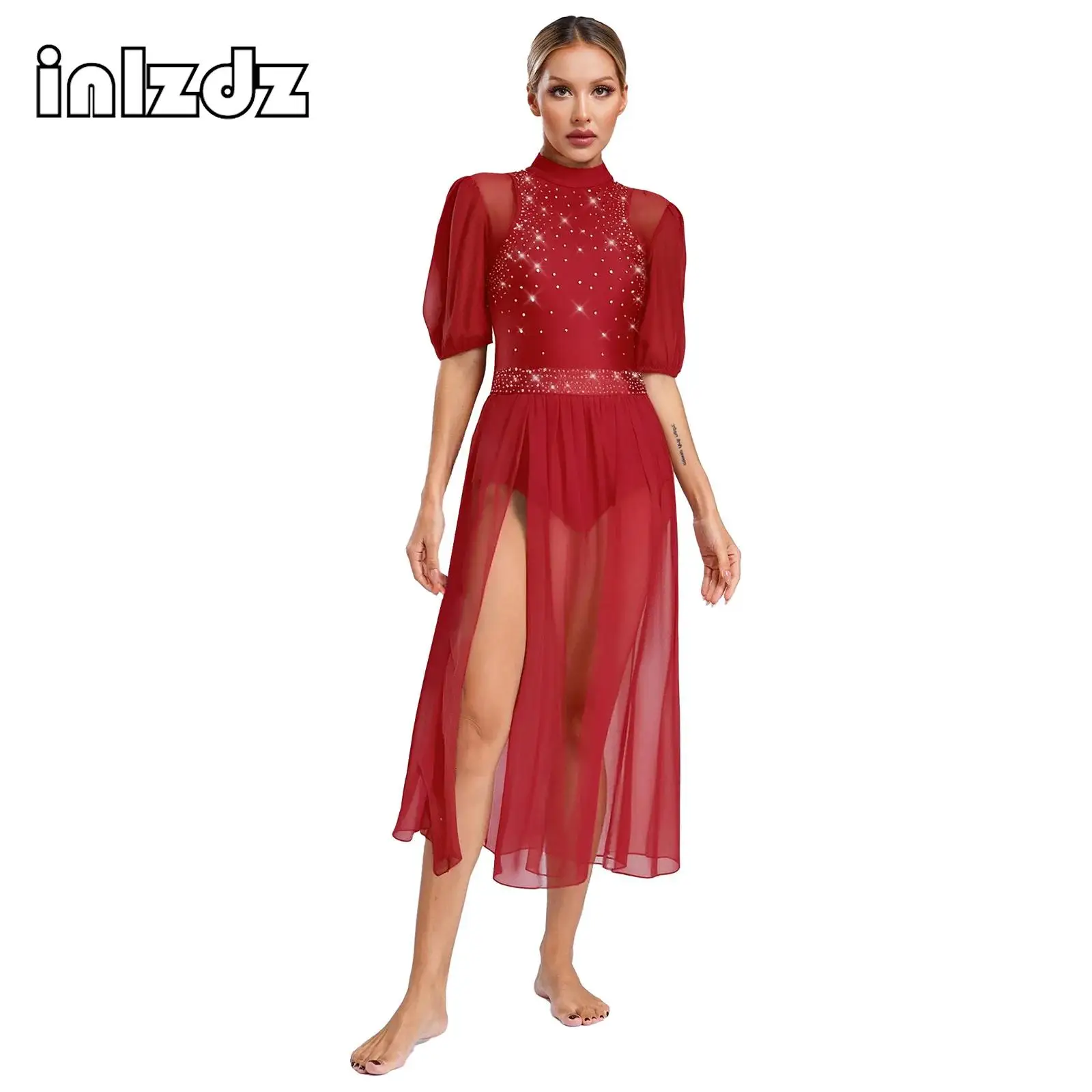 

Womens Lyrical Modern Dance Dress Half Sleeve Slit Mesh Hem Buttoned Crotch Sparkly Rhinestone Leotard Performances Costume