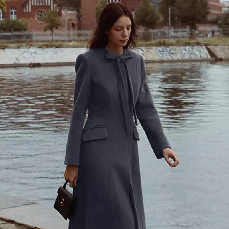 

Long Woolen Coat with Inner And Sa k Button Hepburn Sle Warm Winter New Arrival Women's Faion Outerwear