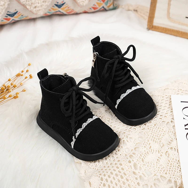 Girls Short Boots Sweet Lace Side Zip Kids Leather Boots Round Toes 2025 Autumn New Children Ankle Boots Soft Bottom Size 22-30