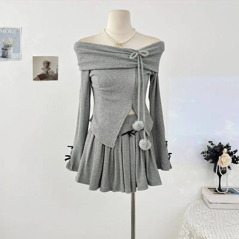 

Spring and Autumn New Sexy Two Piece Set Pure Desire Spicy Girl Style Off Shoulder Irregular Lace-up Top High Waist Half Skirt