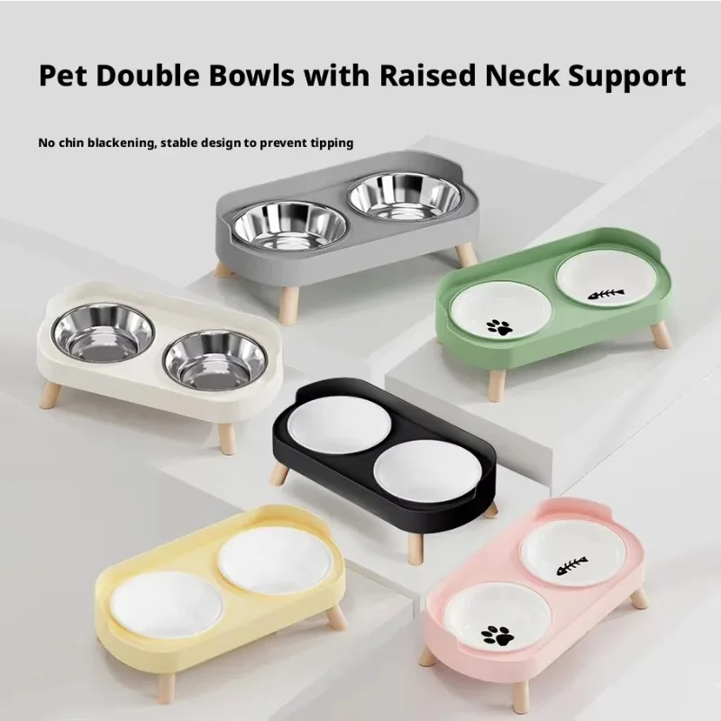 

Stainless Steel PP Double Bowl Cats Dogs Non-Slip Design Protects Cervical Vertebrae Prevents Spillage Easy Clean