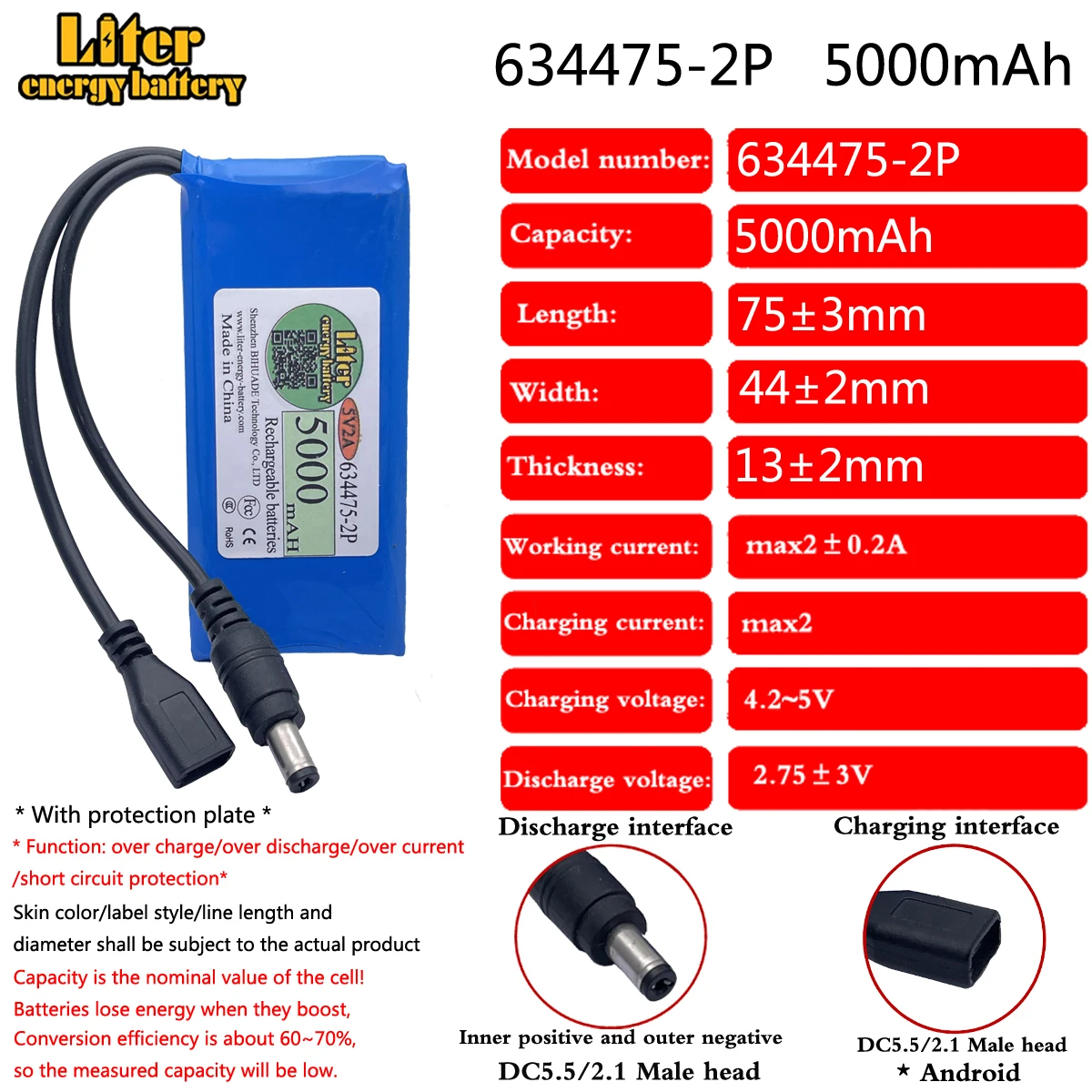 5V 2A 634475-2P 5000MAH Booster Battery Small Microcontroller Intelligent Lock LED Lamp Power Supply 4.8V Lipo Battery