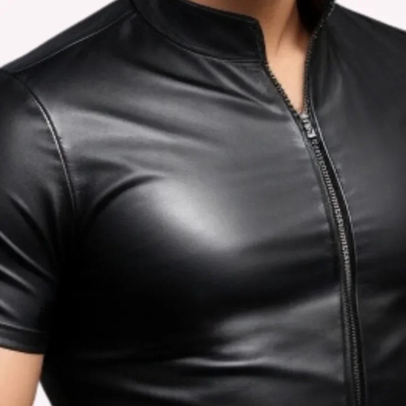 Stretch Black Matter Leather Shirts Men Short Sleeve Stand Collar Shirt Bodycon PU Business Top Hip Hop Nightclub Party Blouse