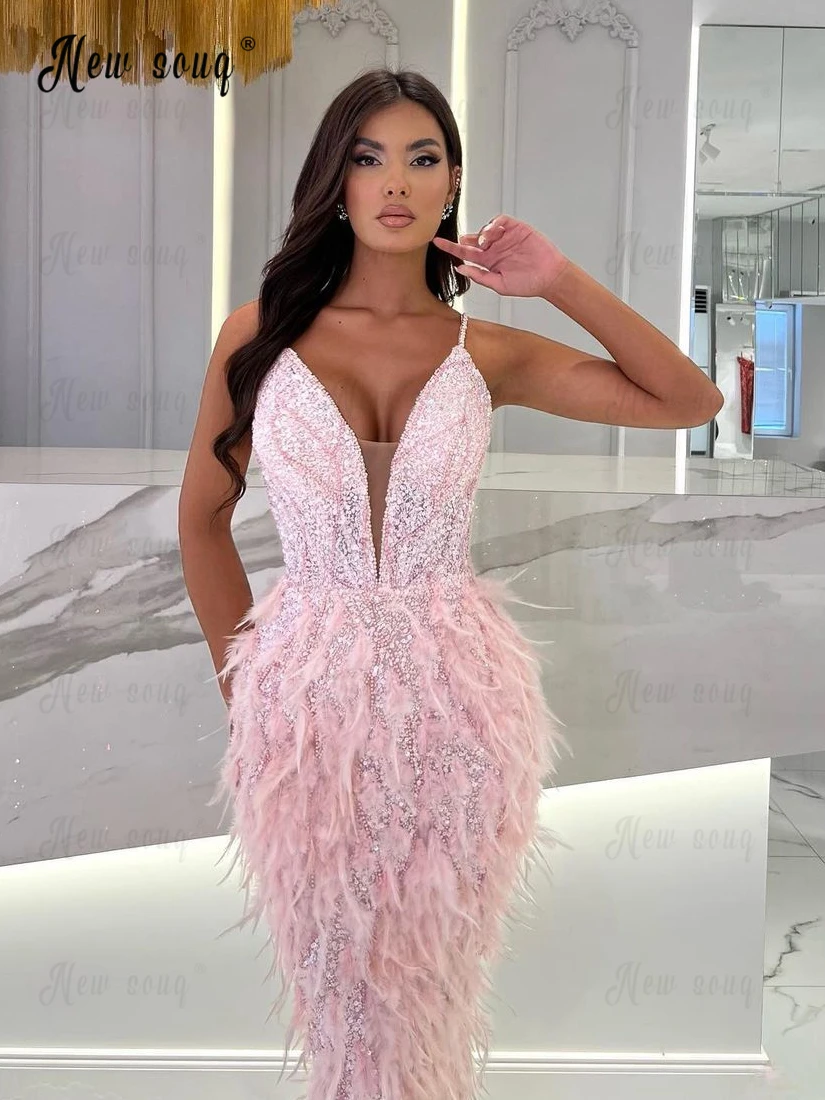 Pink Spaghetti Straps V Neck Midi Evening Dress Feathery Mermaid Special Occasion Dresses Custom Made Handmade Vestido De Noiva