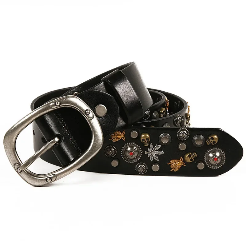 3.8CM Width Men Women Top Grain Genuine Cow Leather Belts High Quality Bee Rivets Personality Pin Buckle Punk Belt