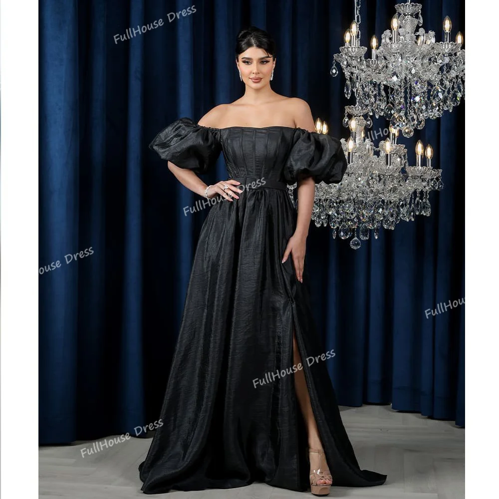 

Custom Made Bridal Boat Collar Pleated A-line Side Slit Belt Evening Dress Short Puff Sleeve Backless Party Dress with Train