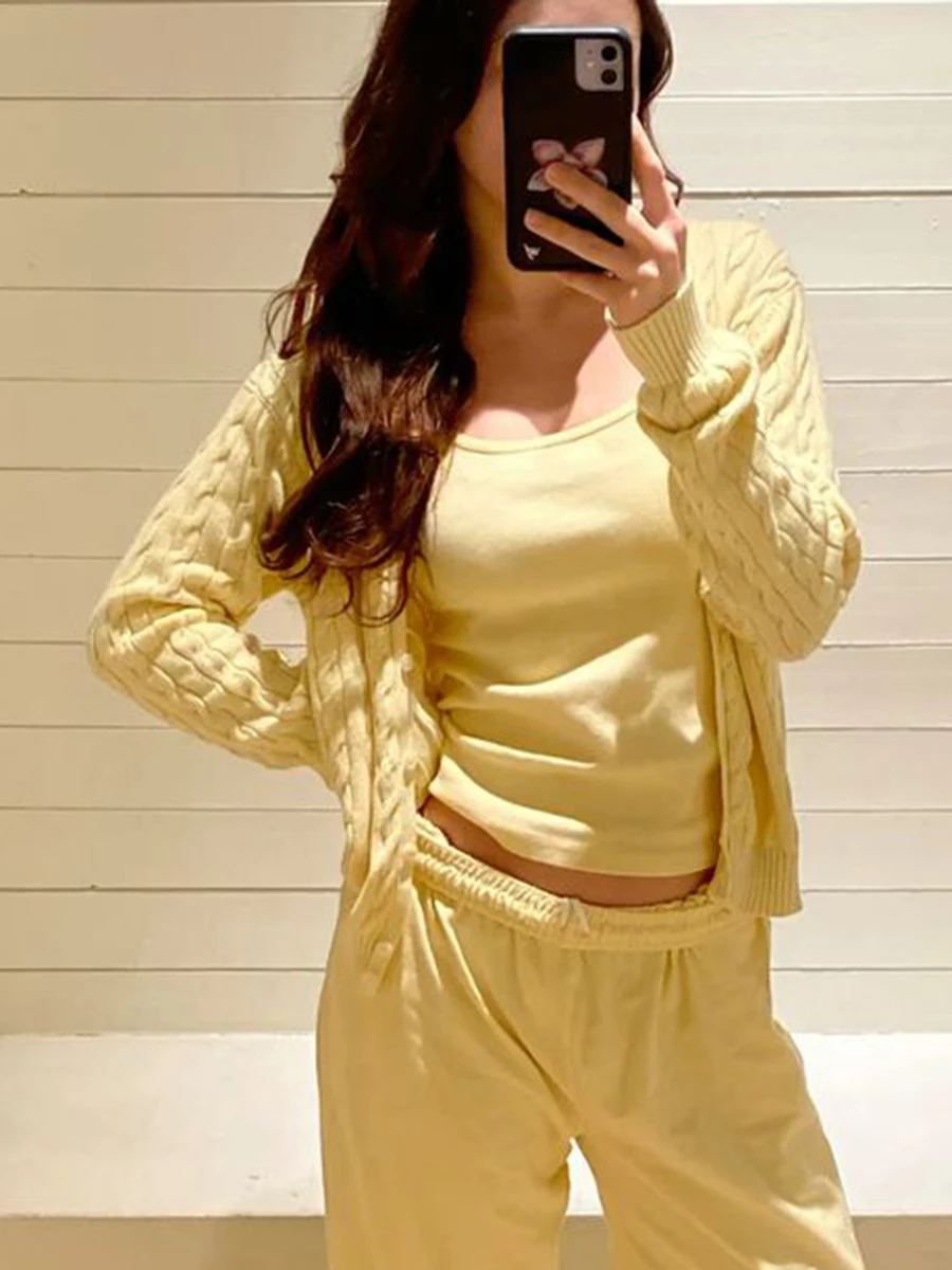 

Yellow Twisted Flower Cardigan Sweater Women Autumn Crew Neck Single Breasted Long Sleeve Sweet Casual Fashion Knitted Outerwear