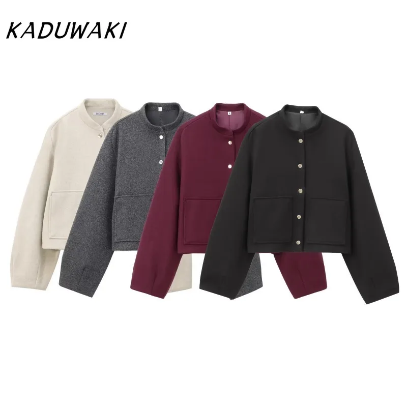 

KADUWAKI короткая куртка с воротником-стойкой для женщин, модные свободные однобортные куртки, повседневная весенне-осенняя новая однотонная женская верхняя одежда