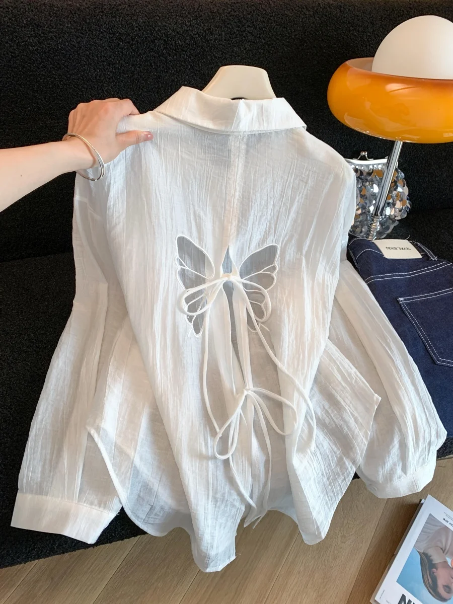 

Blue Summer Women's Neck Long Sleeve Shirt Hollow out Ice Silk Thin Sun Protection Top Design Sense Loose Fit Regular Le...