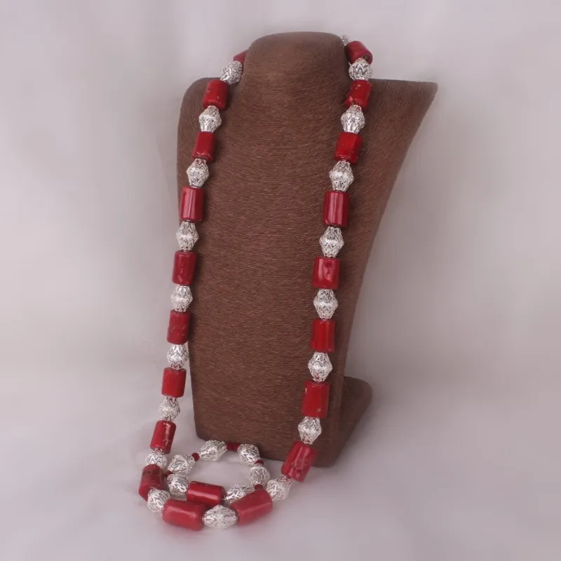 Dudo 16-20mm Red Genuine African Men Nigerian Coral Beads Necklace Set For Groom With Bracelet