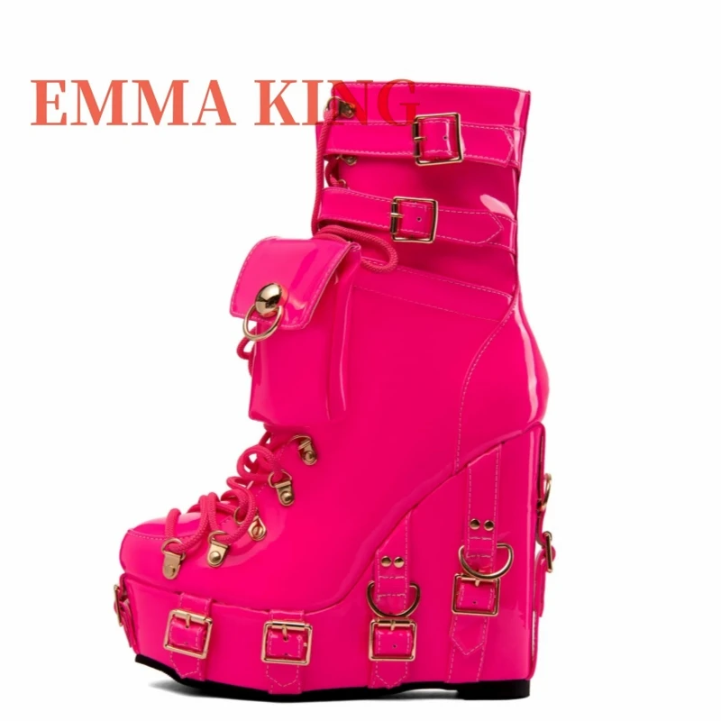 Patent Leather Wedge Platform Boots,Gothic Punk Style Lace-Up Ankle Boots, Buckle Belt Pocket High Heel Booties For Girl Women