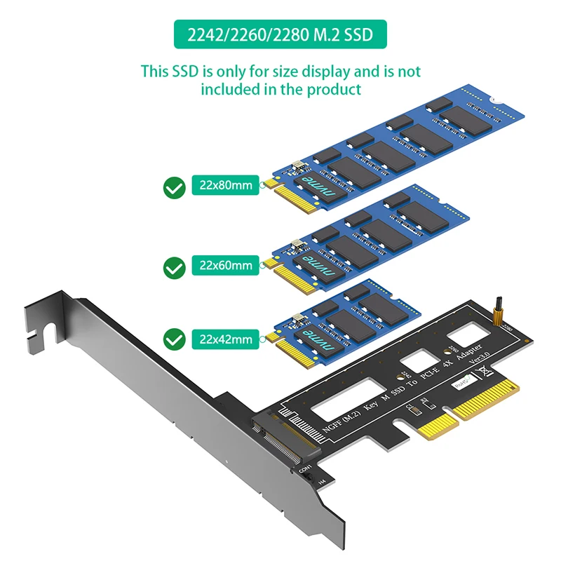 PCIE X4 NVME Adapter with Heatsink Low Bracket Support NVME M Key 2242 2260 2280 M2 SSD PCI Express 3.0 to M.2 Riser Card for PC