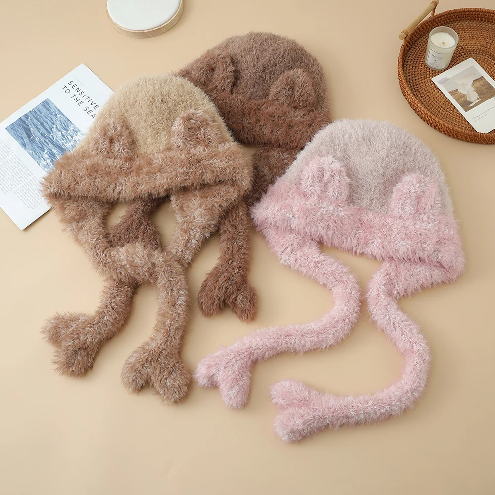 أزياء لطيف الدب آذان الشتاء قبعة الصوفية حماية الأذن بيني القبعات أفخم الباردة واقية قبعة الدراجات للنساء #2