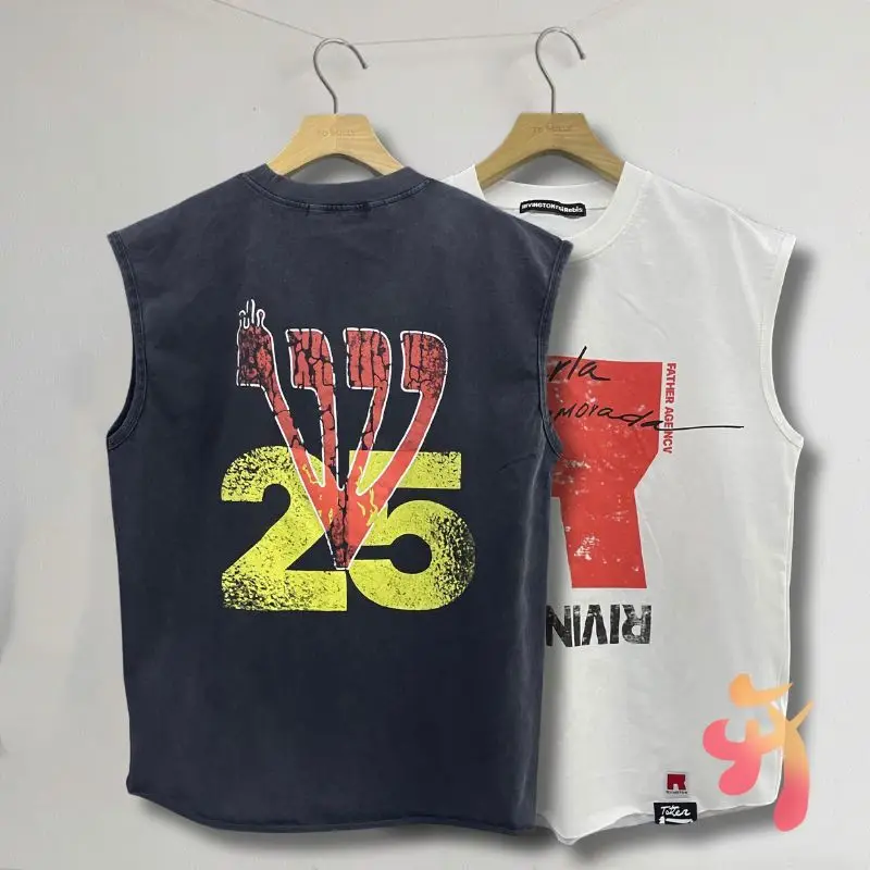 25ss سترة فضفاضة غير رسمية الشارع الصيف RRR123 تانك القمم الهيب هوب الأمريكية الكتابة على الجدران خمر طباعة بلا أكمام الرجال النساء بلايز #2