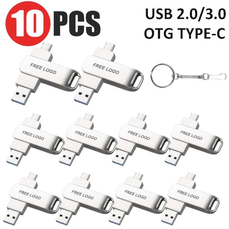 10Pcs/lot TYPE-C USB 3.0 Flash Drive OTG 32GB 64GB High Speed USB 3.0 Metal Pen Drive 128GB 256GB Cell Phone 2in1 for Computer