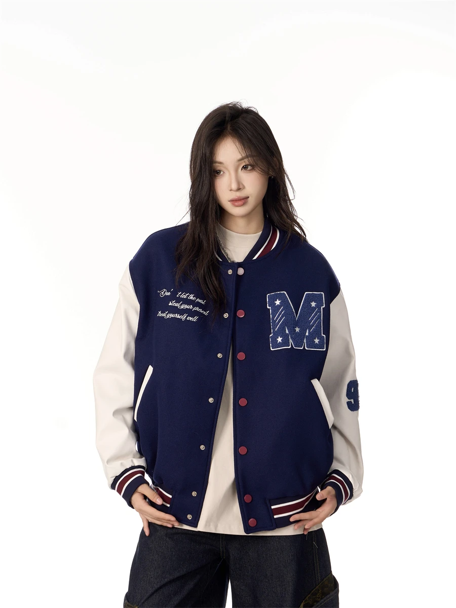 

Тяжелая цветная бейсбольная куртка Blo, женская антивозрастная модная верхняя одежда, свободная посадка, длинный воротник све, зимняя мода