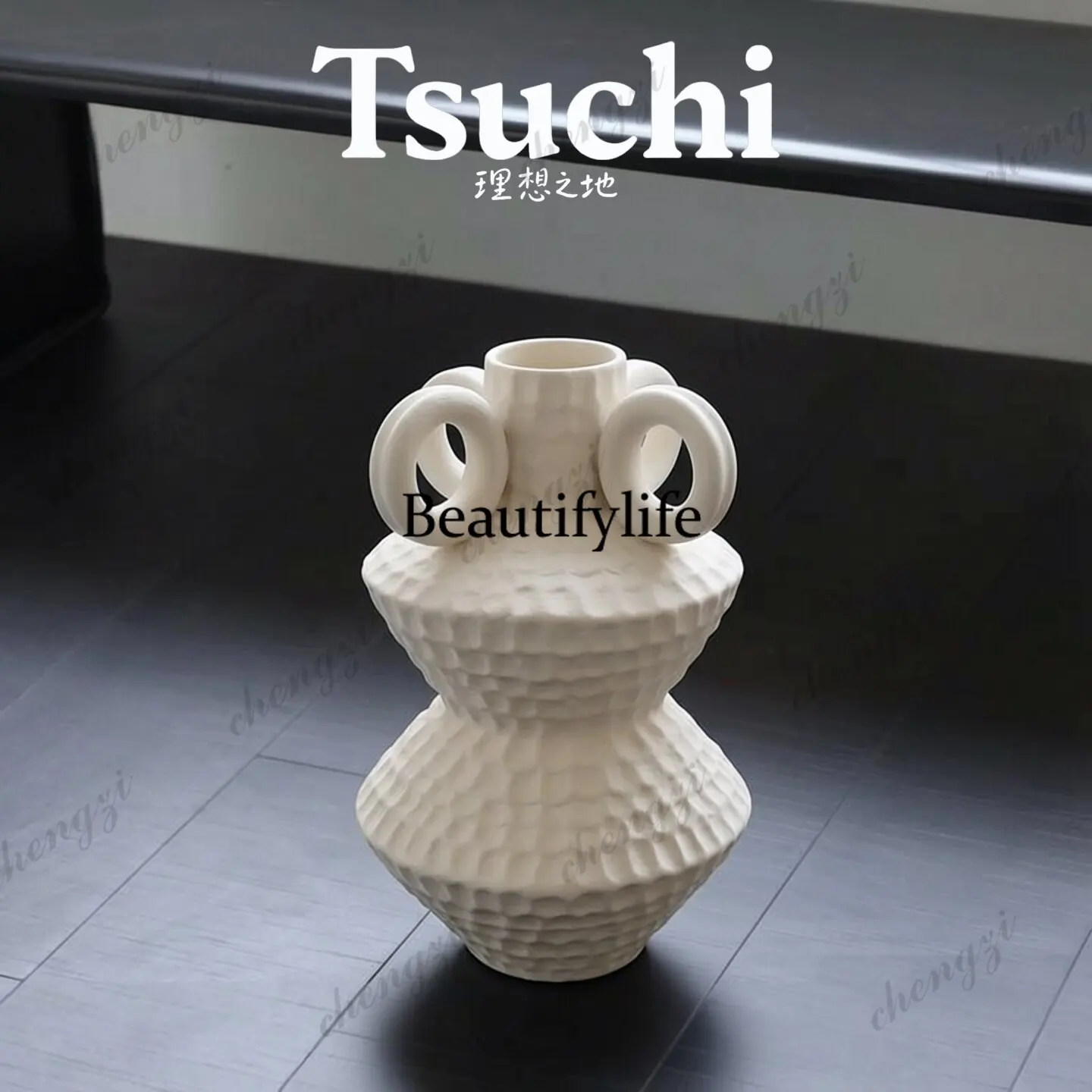 Jingdezhen ceramic vase four rings texture handmade flower ware tea room study bed and breakfast medieval decoration ornament