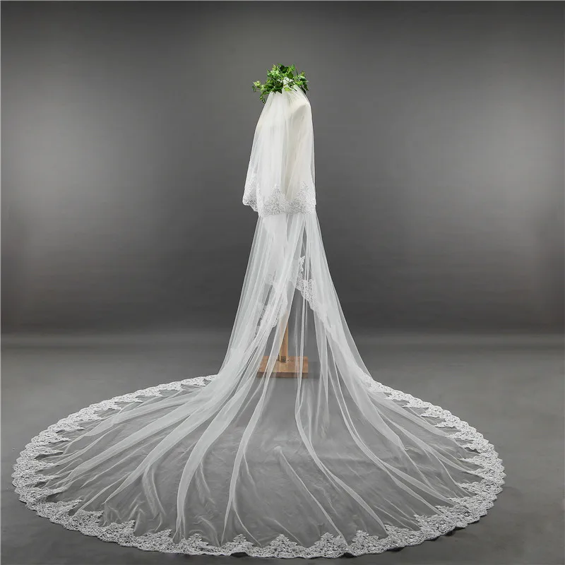 White Ivory 3M Long Lace Edge Bridal Veil Cathedral Length Lace Fringe Wedding Veil With Comb Elegant Wedding Hair Accessories F