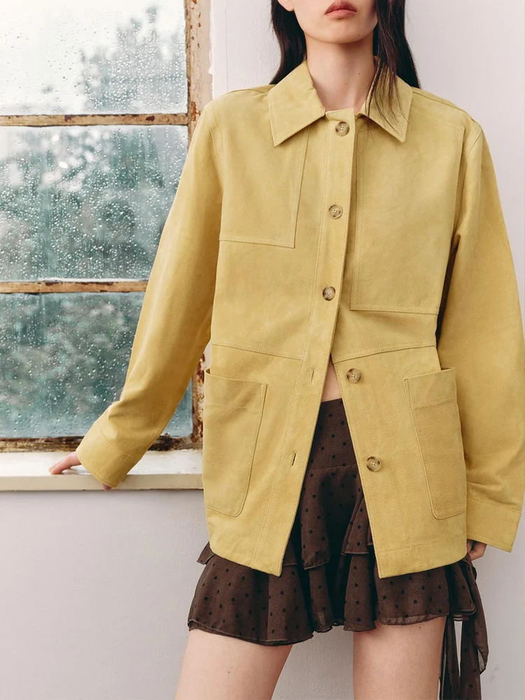 

European style new women's fashion versatile temperament solid color suede leather lapel long sleeve jacket