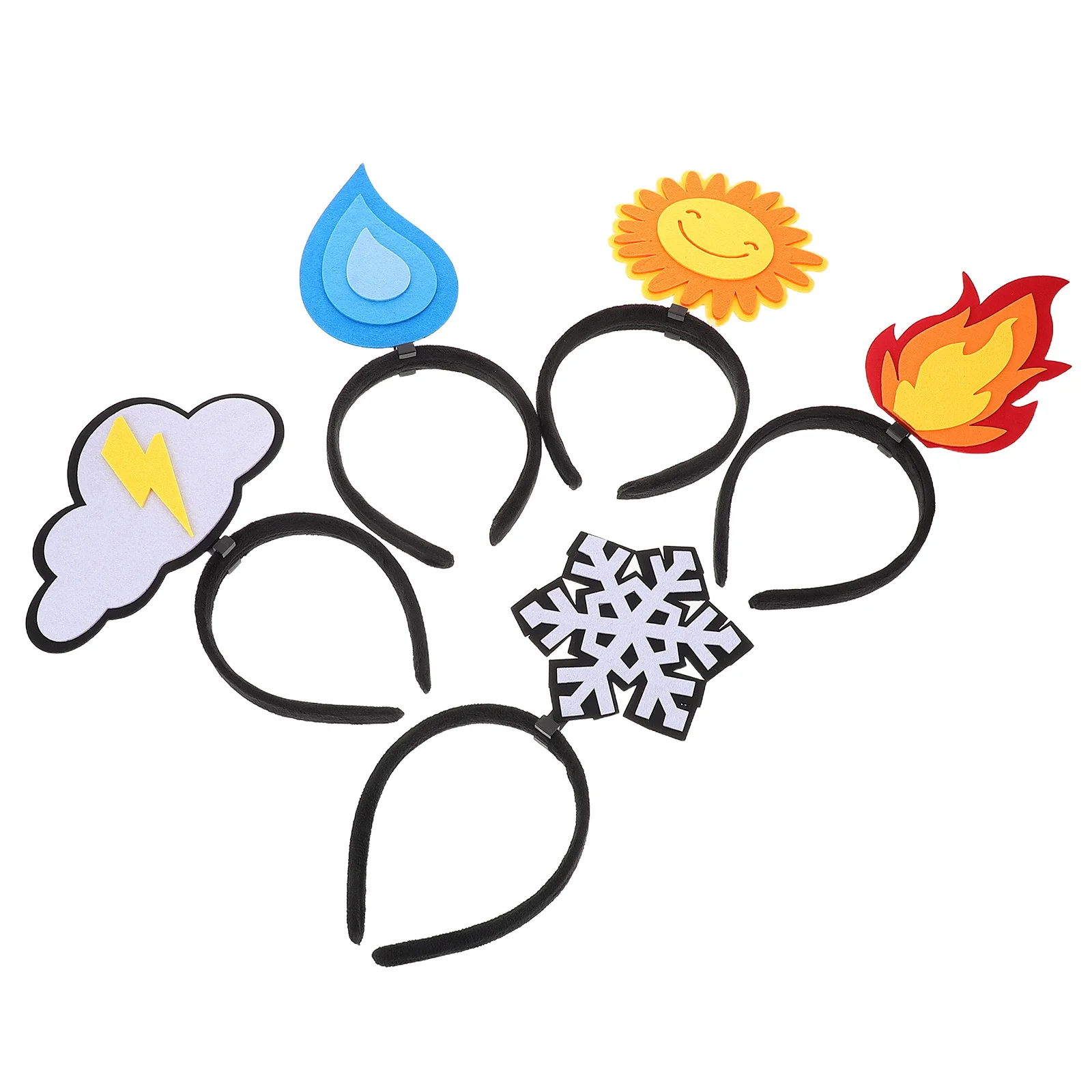 

5Pcs Novelty Party Headbands Creative Flame Water Drop Sun Cloud Snowflake Felt Hairbands for Birthday Holiday Fun Accessories