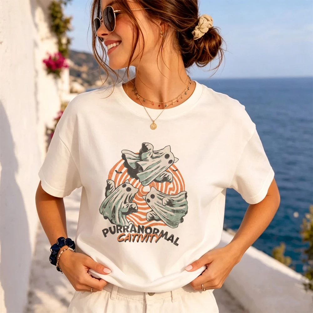 Purranormal Cat Ghost Activity Women Halloween Meme T-Shirt Retro Spiral Ghost Cats Top October Festive T Shirt