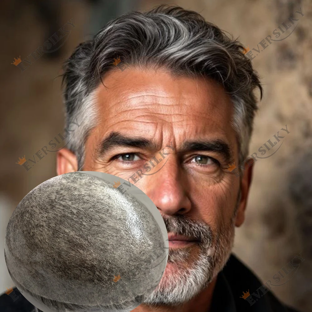 

Мужской парик-накладка 1B80 1B65 из 100% натуральных человеческих волос, серо-русый, с супер-натуральной линией роста волос, прочный, на прозрачной микро-кожаной основе из полиуретана, незаметный, для мужчин