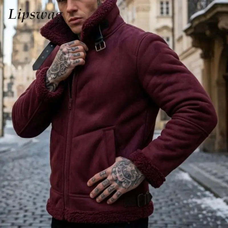 Fashionable Mens Lapel Fleece Lined Short Coats 2026 Winter Solid Color Loose Daily Outdoor Outerwear For Male Thickened Warm
