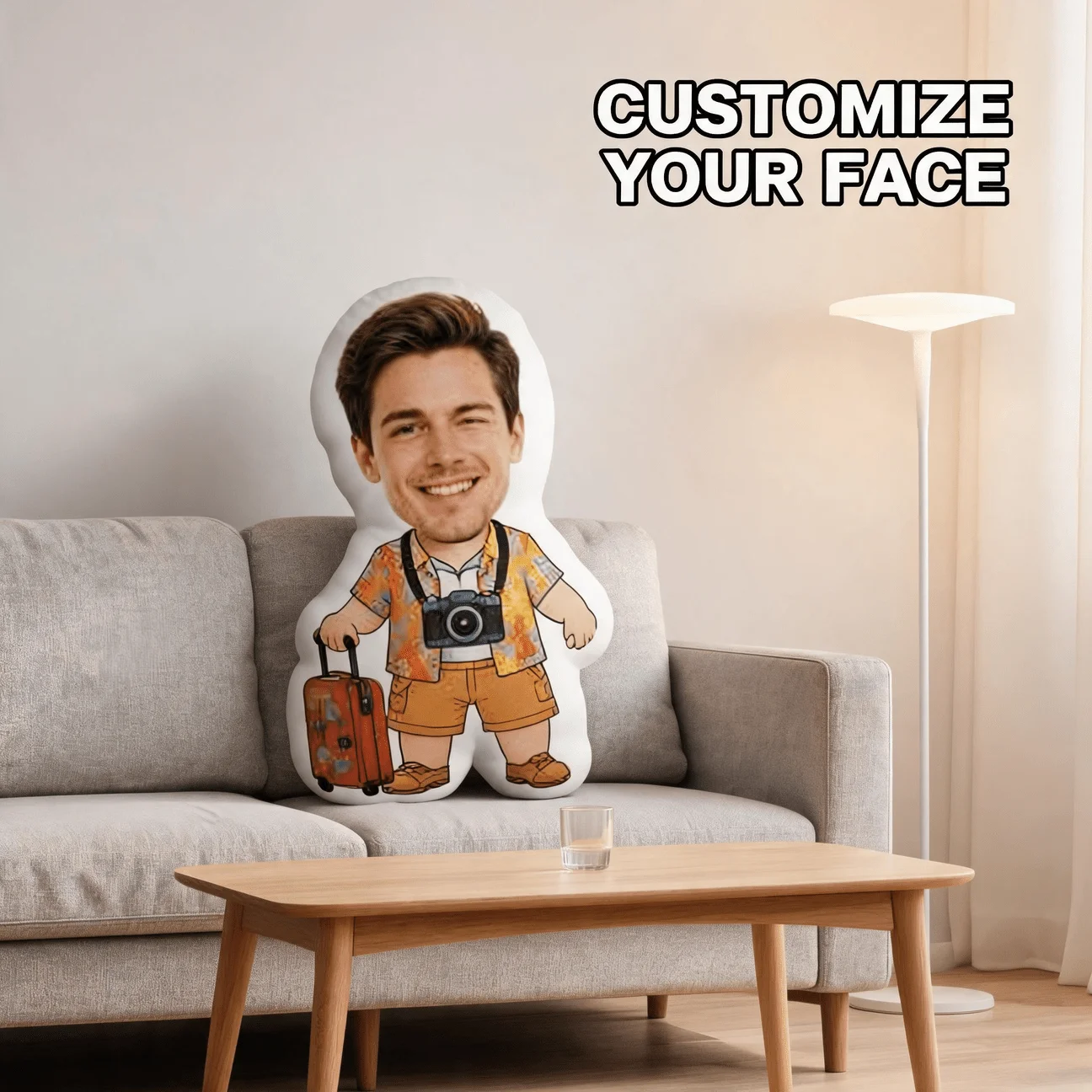 Custom Photo Shaped Pillow, Personalized Face Traveler Style Decorative Cushion with Camera And Suitcase, Unique Home Decor Acce