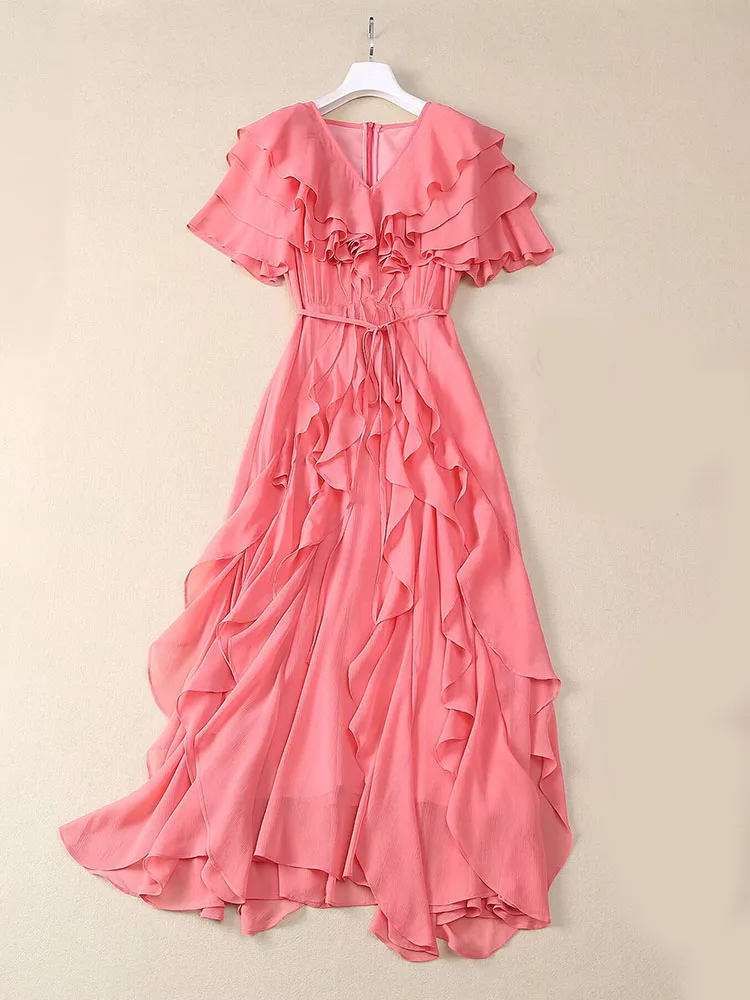 JUNLINNA  Fashion Summer Women Runway Dress V Neck Butterfly Sleeve Ruffles Party Holiday Vestidos Slims