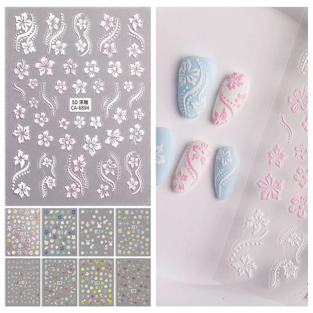 Frühling Ölgemälde Hibiskus Blume Nagel Aufkleber Kleine Blume Relief 5D Geprägte Nail art Aufkleber Blume Geprägt