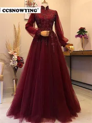 Burgundy Long Sleeve Muslim Evening Dresses Tulle Appliques High Neck Islamic Prom Formal Party Gown Women Arabic Robe De Soiree