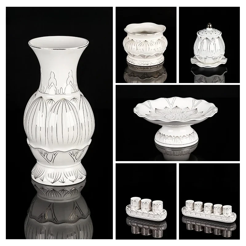 Ceramic White Lotus Buddha Set Water Supply Cup, Incense Stove, Fruit Plate, Small Wine Cup Offering Supplies feng shui