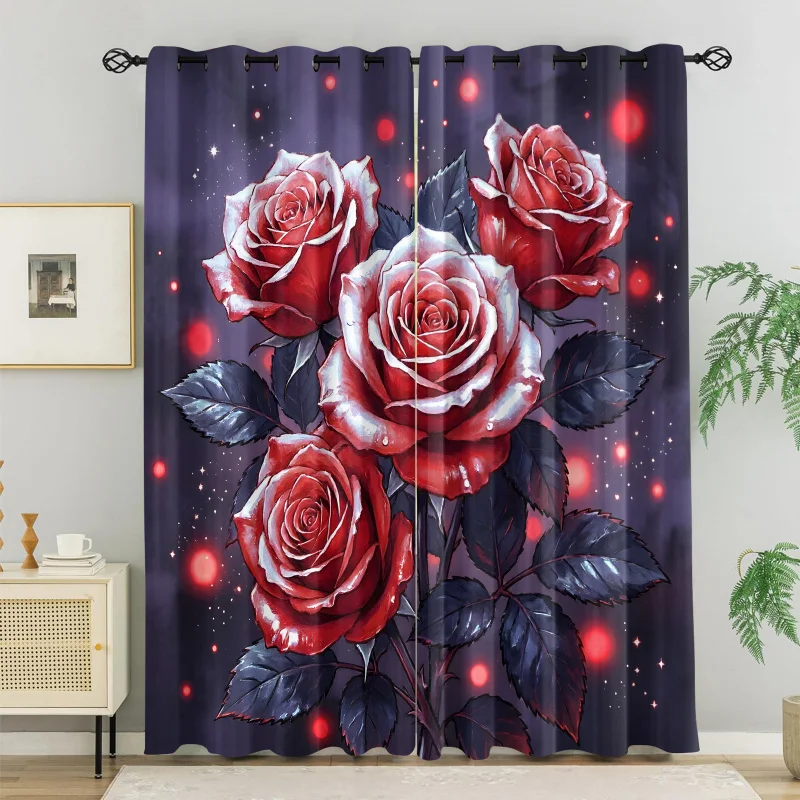 Dark Sparkling Red Rose Printed Curtains 2 Panels Darkening Curtains Light Blocking Rate 85% decoration curtains for bedroom