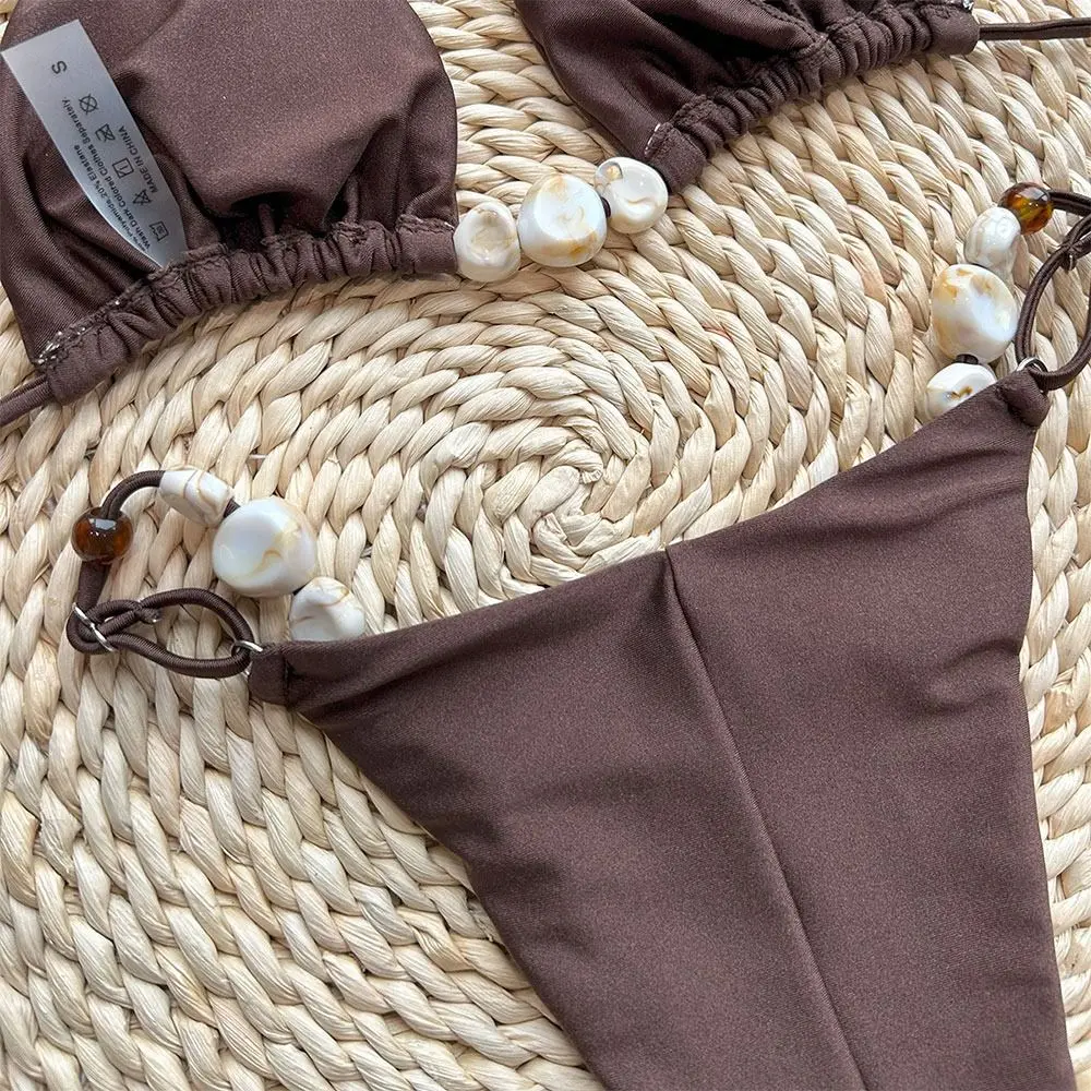 

2Pcs/Set Fashion Summer Beach Bikini Bead String Halter Triangle Women Swimsuit Bathing Suit Casual Bikini Set Vacation