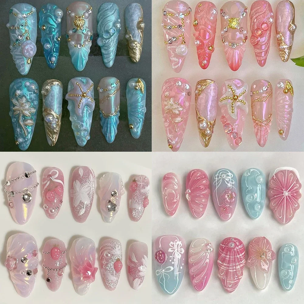 

10Pcs Sweet Cool 3D Flowers Starfish Handmande Blush Almond Press On Nail Pearl Fish Tail Jellyfish Strawberry French False Nail