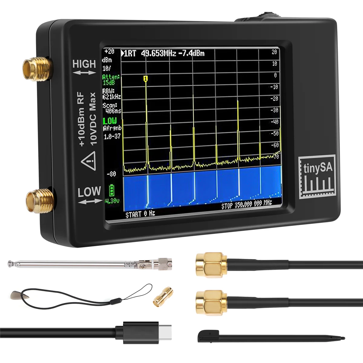 Upgraded TinySA Spectrum Analyzer,MF/HF/VHF UHF Input for 0.1MHZ-350MHZ and UHF Input for 240MHZ-960MHZ,Signal Generator