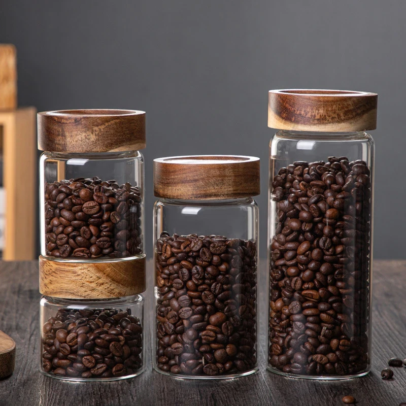 Wood Lid Glass Airtight Canister Kitchen Storage Bottles Jars Food Container Grains Tea Coffee Beans Grains Candy Jar Containers