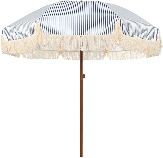 Factory Cheap Price Sun Luxury Bohemian Parasol Wooden Beach Umbrella With Tassels Recycled Boho Beach Umbrella