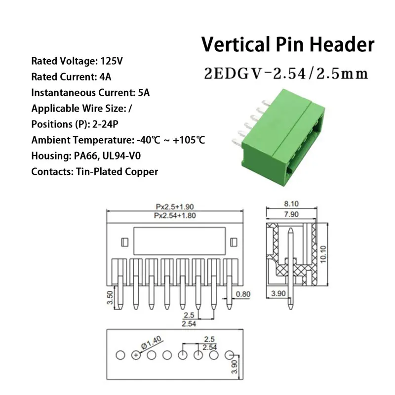 Vertical Pin Header/Green/2.54mm Pitch PCB Header Connector/ RC 2P-24P Plug-in PCB Terminal Block/Seiko Manufacturing