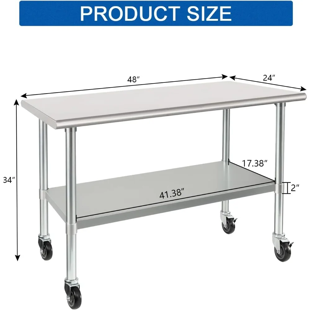 Tavolo da lavoro in acciaio inossidabile per carichi pesanti certificato NSF, 24x48 pollici, con ruote, sottopiano per uso commerciale