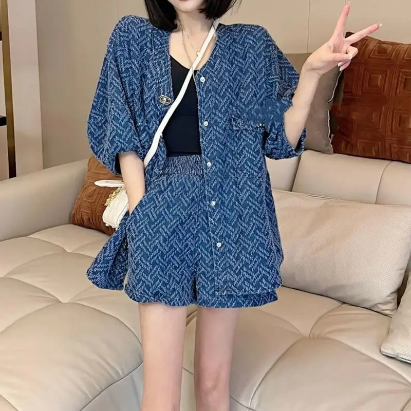 Two Pieces Women Summer Denim Suits Pring V-neck Loose One Breasted Tops Shirts+High Waist Wide Leg Shorts 2pcs Female Sets