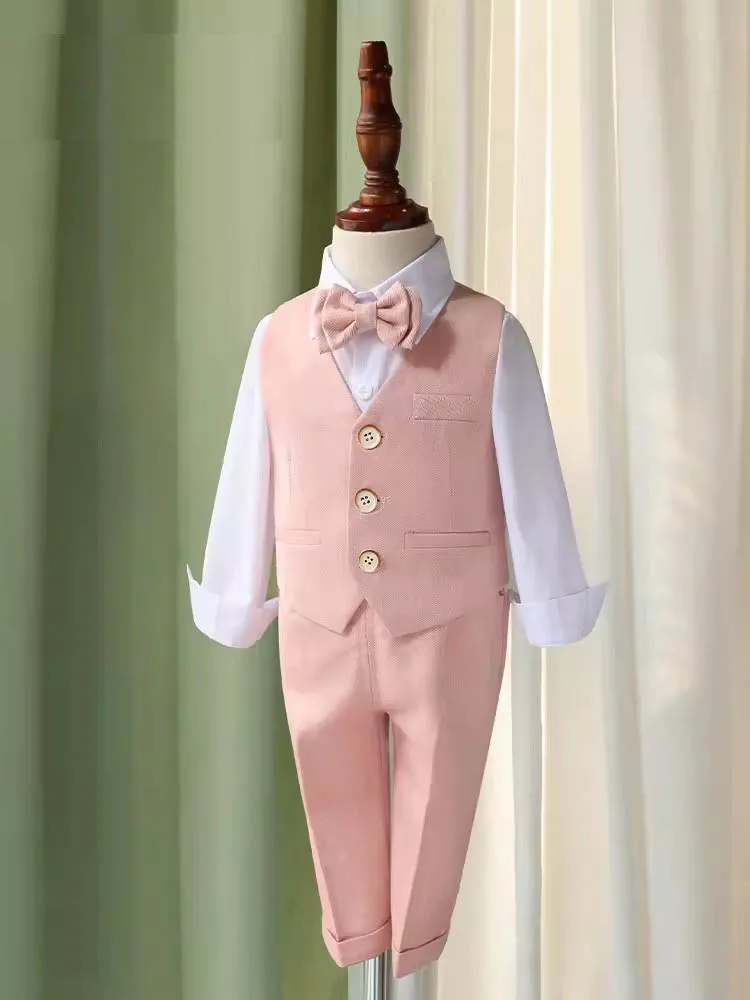 Boys Formal Ceremony Costume Children Pink Elegant Photography Suit Kids Birthday Wedding Party Dress Performance Tuxedo Set