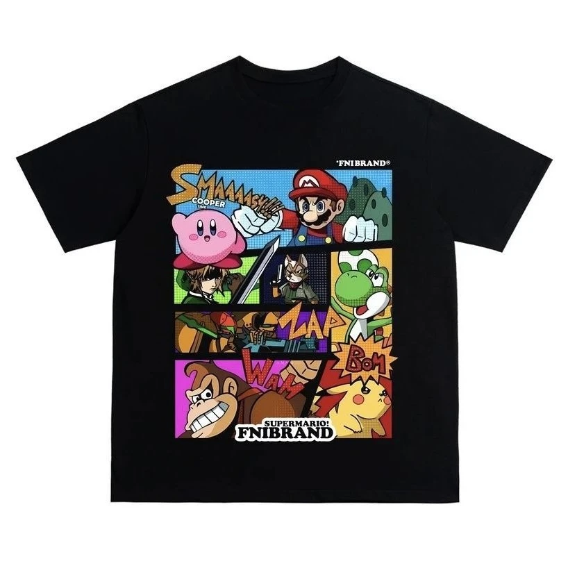 White Tee Men's Women's Nintendo Smash Bros Game Kirby Mario Retro Cool Graphic Art Print Oversized Short Sleeve Streetwear Top