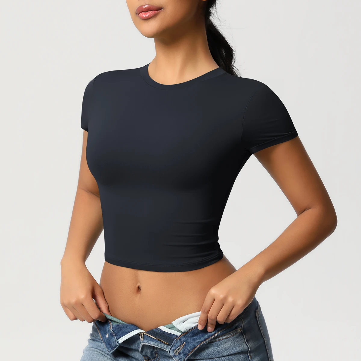 Frauen Sport Shirt Kurzarm Gym Top Workout Kleidung Hohe Elastische Active Wear Femme Lauf Zubehör Fitness T-shirt – Detail 16