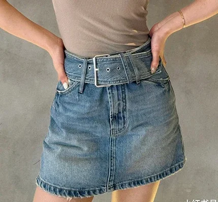 2024 new Women's denim skirt short slim fit with belt fashionable mini elegant skirt