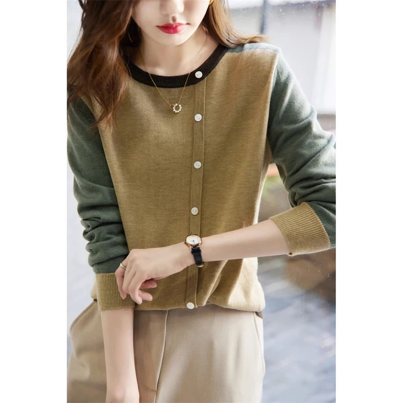 Womens Clothing Trendy Vintage Contrast Color Patchwork Chic Knitwear Spring Autumn Casual O Neck Long Sleeve Slim Pullover Tops