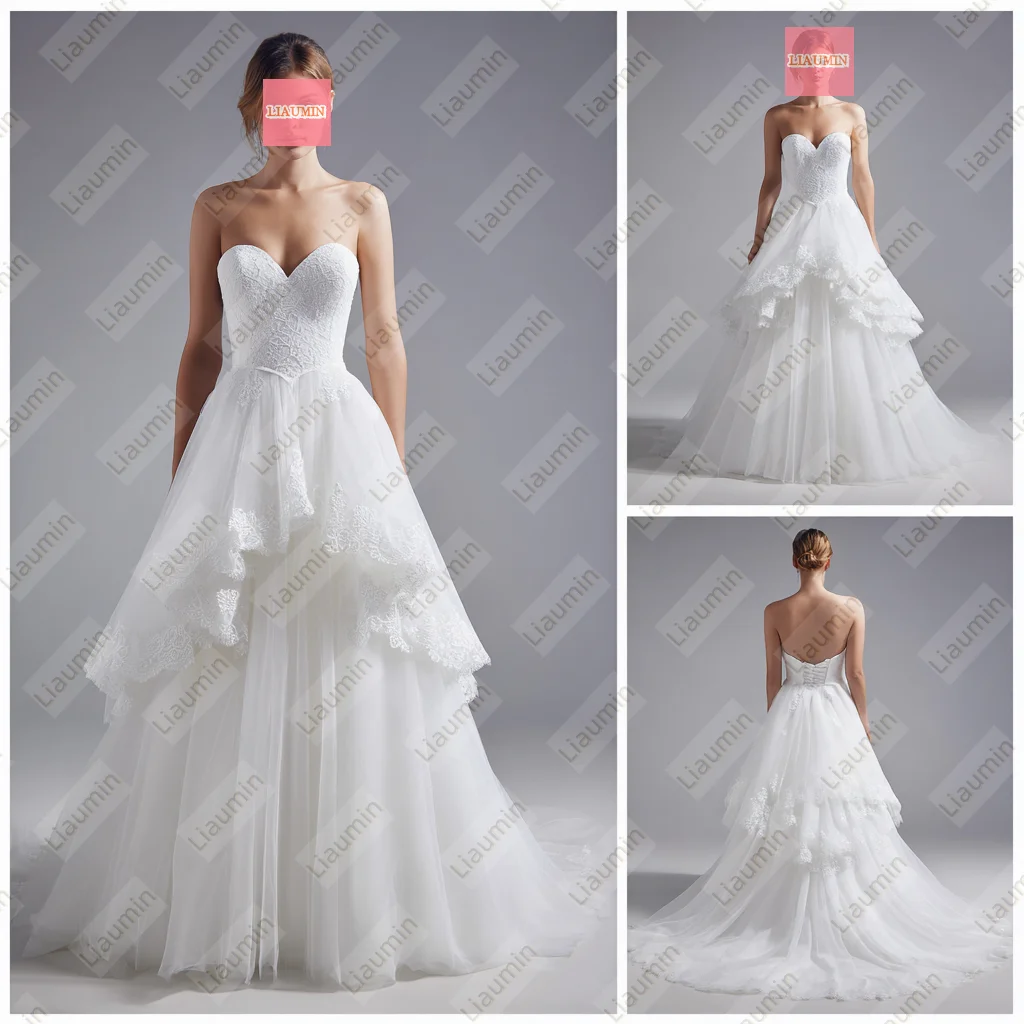 Classic White Tulle With Lace Applique Strapless A Line Wedding Formal Dresses Bridal Floor Length Hand Made Customized W20.3.8