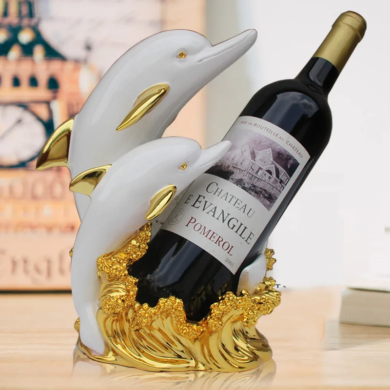 

Wedding Decor Crafts RED WINE HOLDER Resin Creative Room Decoration Handicraft Gold Dolphin Porcelain Figurines Decorations