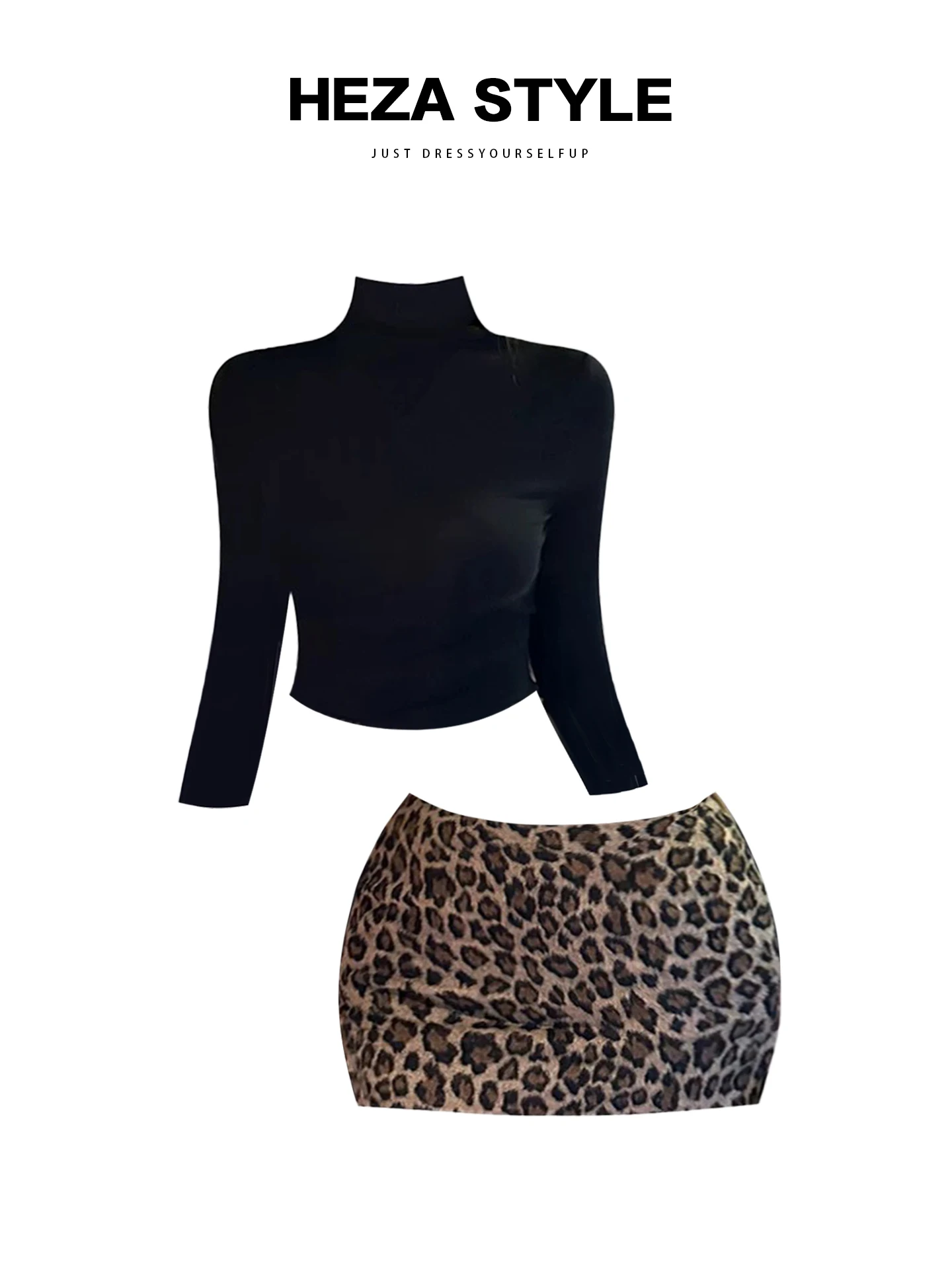 

HEZA plus Size High Collar Slim Fit Inner Wear Top Women Autumn Winter Vintage Spicy Leopard Print Wrap around Skirt Set